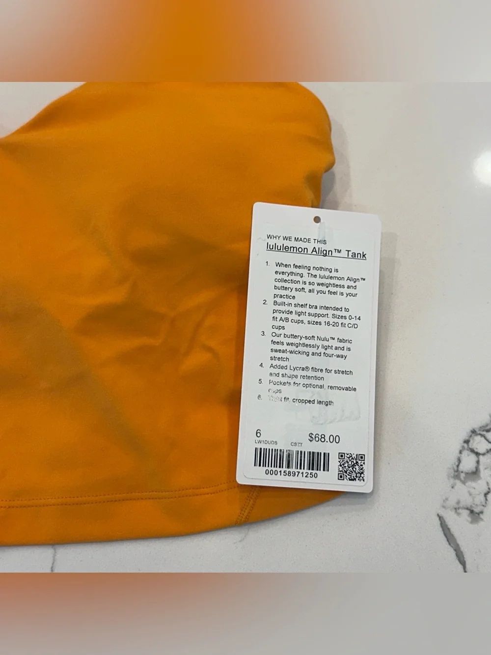 Lululemon Align Tank Top Light Support, A/B Cup, Sizzling Citrus Size 6 NWT